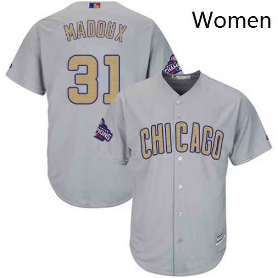 Womens Majestic Chicago Cubs 31 Greg Maddux Authentic Gray 2017 Gold Champion MLB Jersey